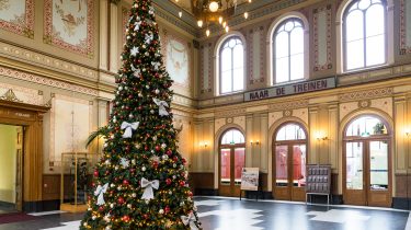 Kerstboom in de hal van het Spoorwegmuseum tijdens Winter Station