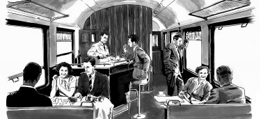 Tekening Peter Kortleve van interieur restauratiewagen Plan D RD